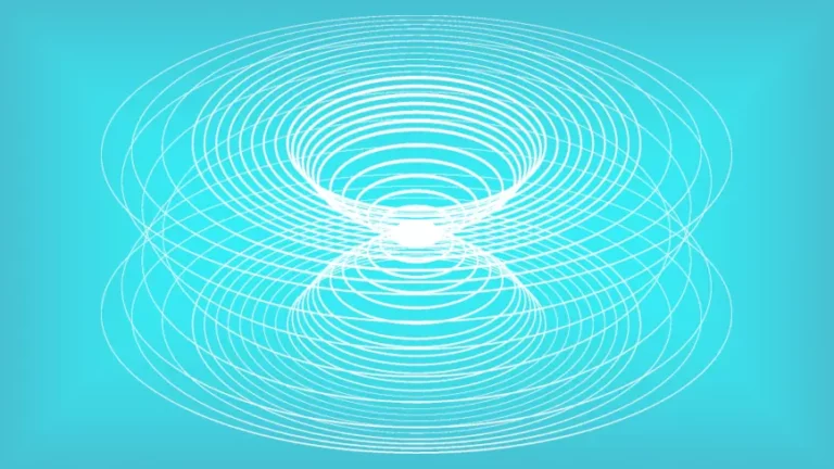 Abstrakte weiße Linienformation in Form eines Torus auf türkisem Hintergrund