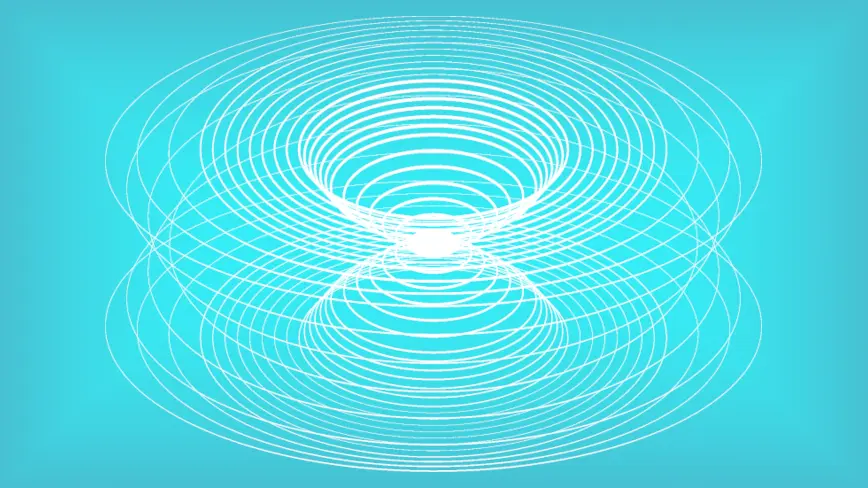 Abstrakte weiße Linienformation in Form eines Torus auf türkisem Hintergrund